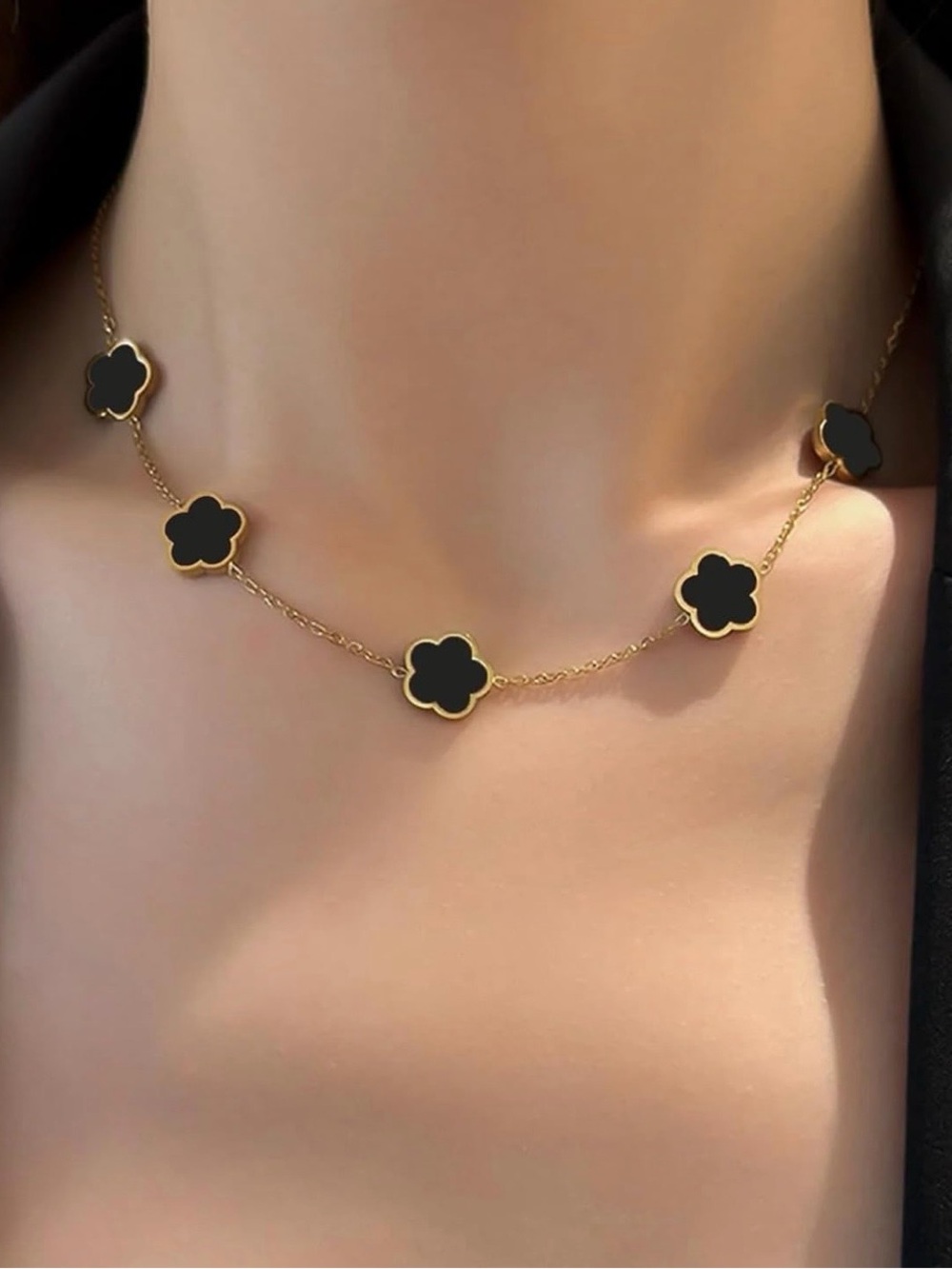 Gold Tone Necklace with Black Clover Accents - Women’s Fashion Jewelry